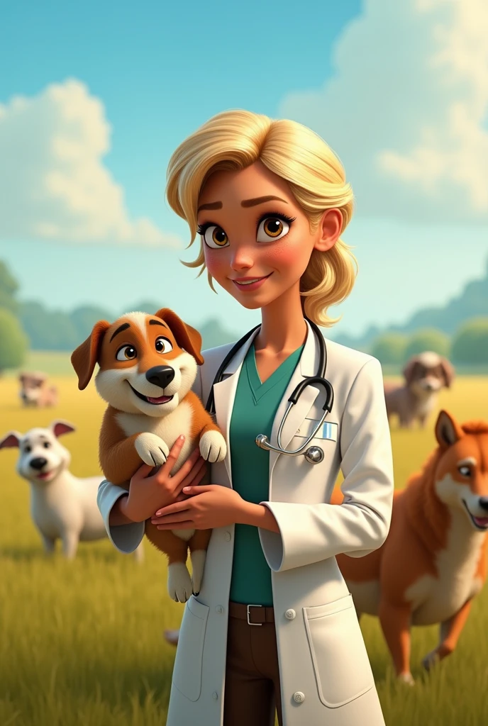 More realistic Pixar poster of a brown woman with blonde hair and light brown eyes in a white coat working as a veterinarian in a beautiful field with several animals