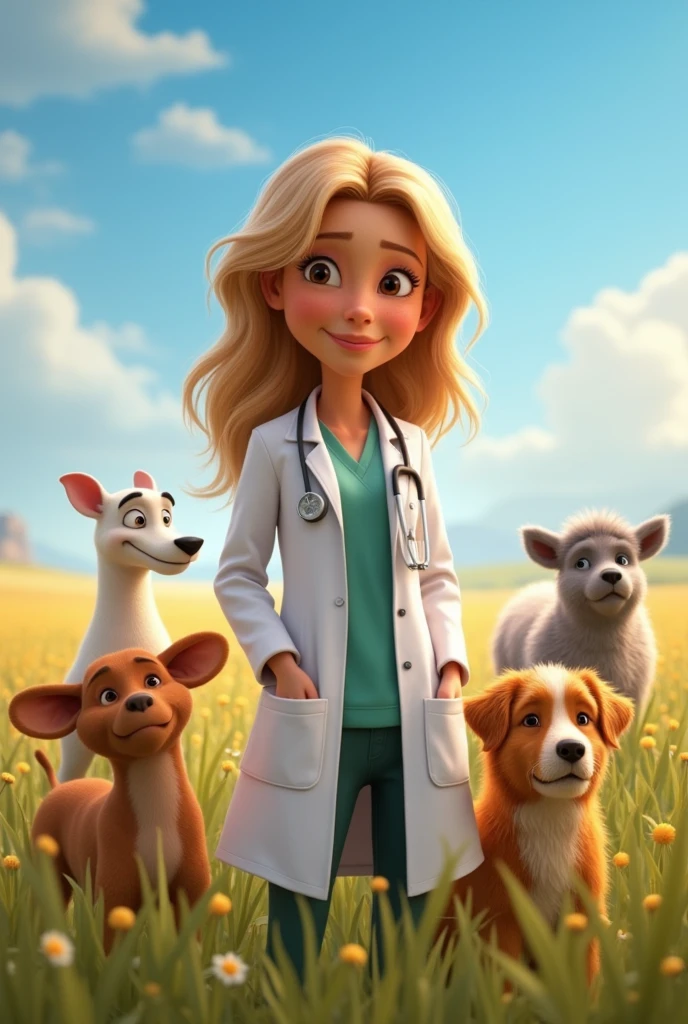 More realistic Pixar poster of a brown woman with blonde hair and light brown eyes in a white coat working as a veterinarian in a beautiful field with several animals 