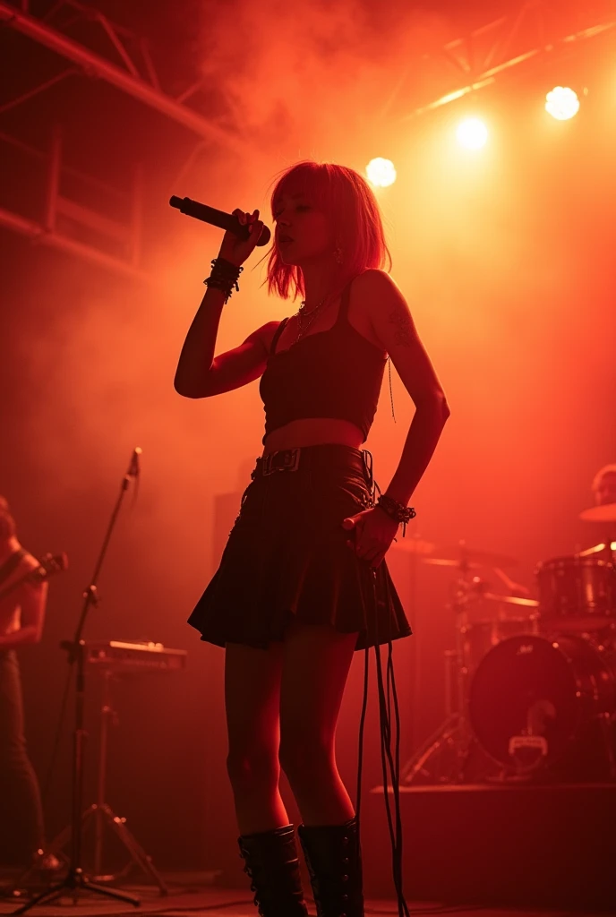 Short Bob、Japan Female Vocals、Japanese、8k、live house、Dark lighting、Orange lighting、A stage filled with smoke、punk、Woman shouting into a microphone、Face down、skirt、boots、Demonic eyelashes、Focus on the upper body、