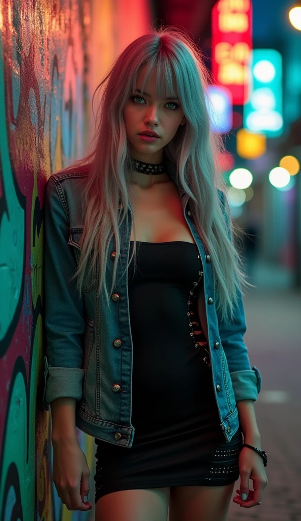 She has long grey hair with bangs swept to the left and green eyes.、White skinned young rocker woman, Black dress and denim jacket, Innocent appearance