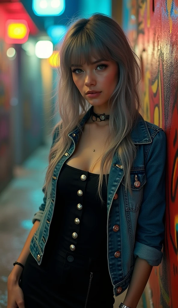 She has long grey hair with bangs swept to the left and green eyes.、White skinned young rocker woman, Black dress and denim jacket, Innocent appearance