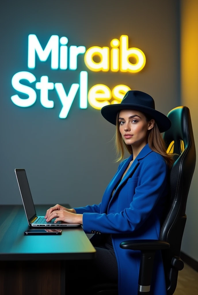 A business man women sitting in gaming chair wearing blue coat and hat background face Zoom in table leptop and Mobile lighting room background in gray wall writing "Miraib Styles" White colour Yellow neown glow