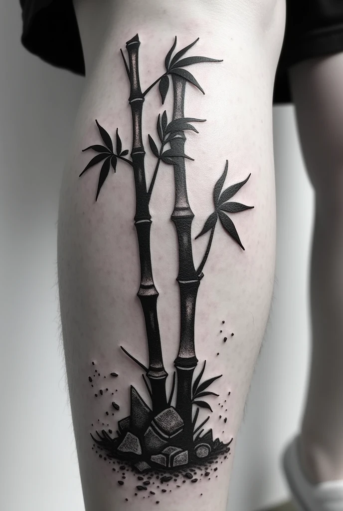 Create a black and white pointillism tattoo of a destroyed broken bamboo for the leg
