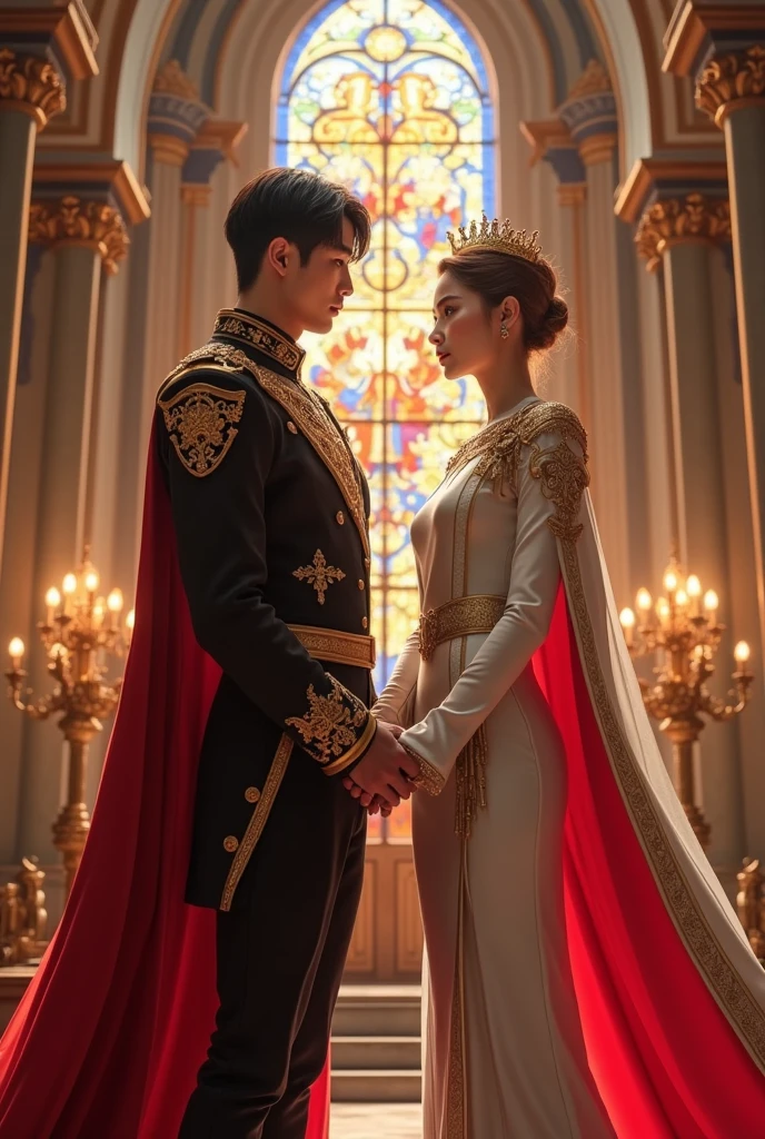 Shownu:Tall and robust Alpha King, with strong features and short black hair. He wears a black suit with gold details and a red cape., in addition to a golden crown.
Kihyun: Slim Prince Omega with soft features and light brown hair. He wears a white and silver suit with a light cape and a discreet silver crown..
Environment: Wedding in a luxurious cathedral with marble columns and colorful stained glass windows, creating a solemn and majestic atmosphere BOTH MEN, MONSTA X MEMBERS, IT'S A BL, gays