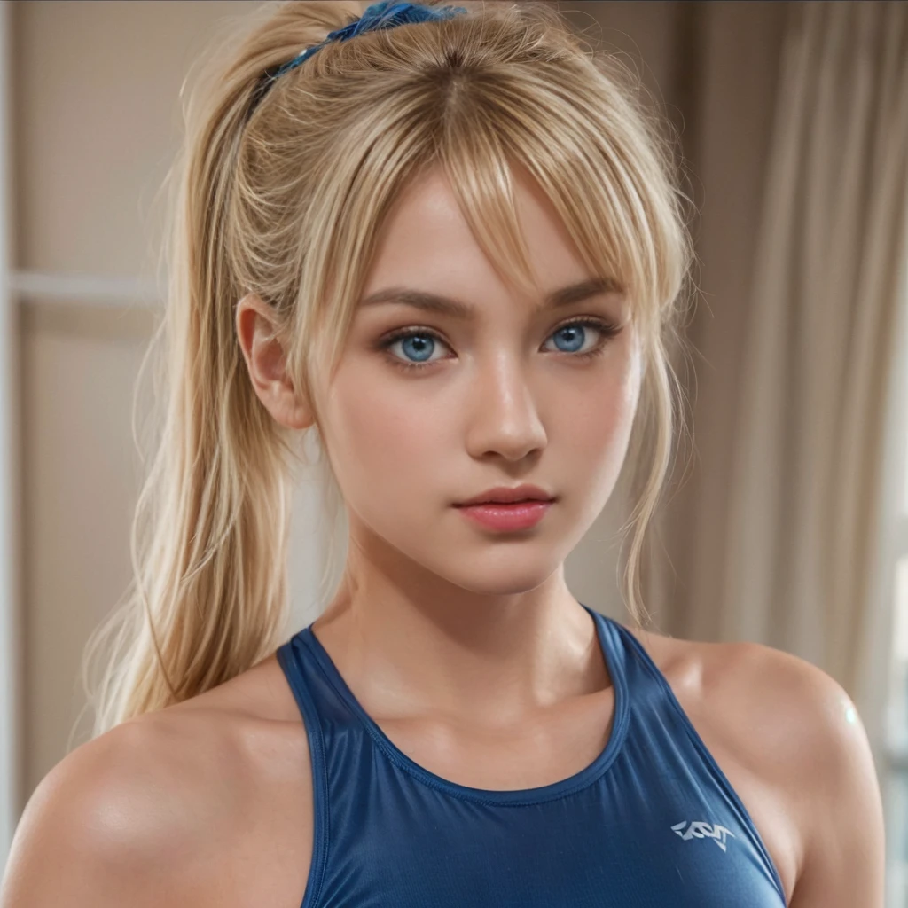 Samus Aran, hair blonde, blue colored eyes, (best qualityer, ultra details), (realisitic:1.37), beautiful and detailed face, ultra-realisitic texture, Exquisite face, Delicate body, red lipgloss stick, long-lasting colors. High definition, 8k.