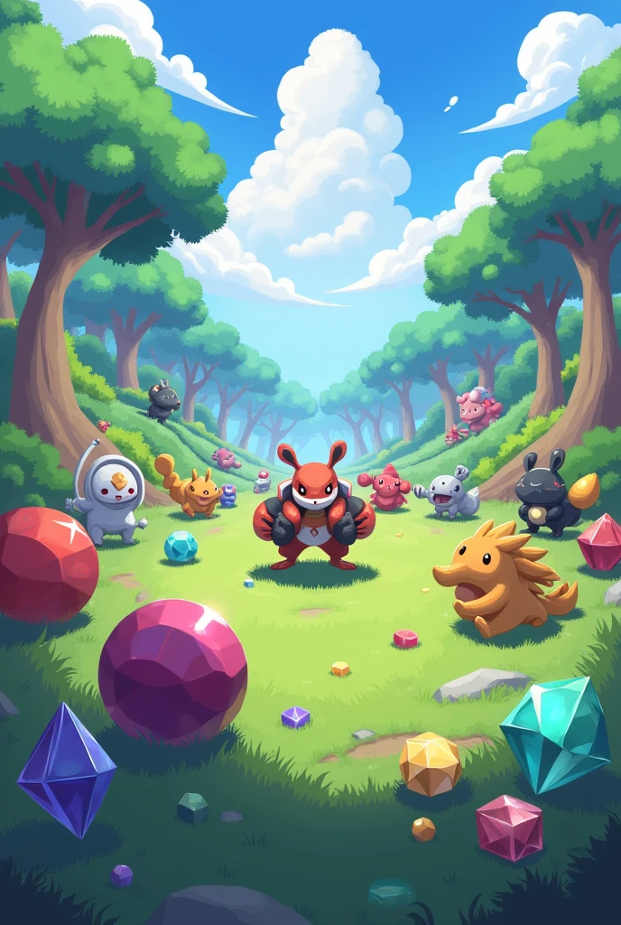 a pokemon game with a lot of different items by Josetsu, trending on pixiv, process art, shiny gems, new pokemon, pokemon military drill, intense battle, with familiar sprites, gems and diamond for fruit, zorua pokemon, sfw version, mystery pokemon, pokedstudios, similar to pokemon, mobile game, black gems, in-game