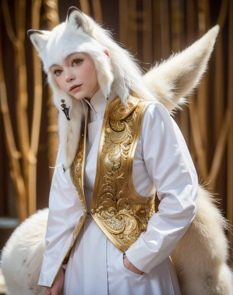(((Solo Exhibitions)), White and gold outfit, Lots of decorated costumes, (whole body) Capture the most beautiful works of art in detail, Intricate details, Attention to detail, Ultra Realistic, Hidden Armor,  figure, リアルなAnthropomorphic Art, (Anthropomorphic Art!!!, (((Female Human Arctic Fox Priest)), forest, very, very beautiful human art, Realistic, 8k, No human hair, No repetition, No repeated endings, No clones, The head is not large