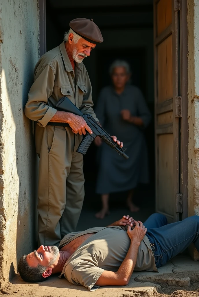 The image shows the facade of a modest house, with a partially open door. In front of the door, a man over 79 years old, with an expression of despair and pain, He holds a firearm in his hand. the man, with a brown beret on his aged and life-marked looking head, wear simple clothes. A 29-year-old man lies on the ground, near the entrance, in a state of decline, with an expression of surprise and suffering.
In the background, You can see the blurred figure of a woman, the young man's mother, who tries to run towards him. The scene is captured in a dramatic style, with an intense use of light and shadows that accentuate the moment of tension. Lighting comes from midday sunlight