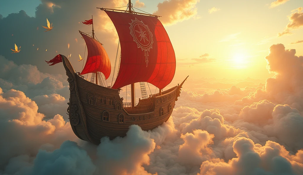 Create a scene capturing a holy and huge and outer worldly wooden ship , flying above the clouds towards the sun, blood red sails, angels flaying around the ship wearing white clothes from head to toe,8k resolution quality, masterpiece, photography style, warm colors, contrasty,