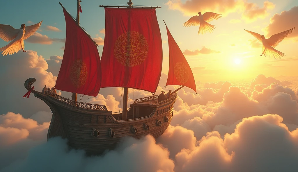 Create a scene capturing a holy and huge and outer worldly wooden ship , flying above the clouds towards the sun, blood red sails, angels flaying around the ship wearing white clothes from head to toe,8k resolution quality, masterpiece, photography style, warm colors, contrasty,