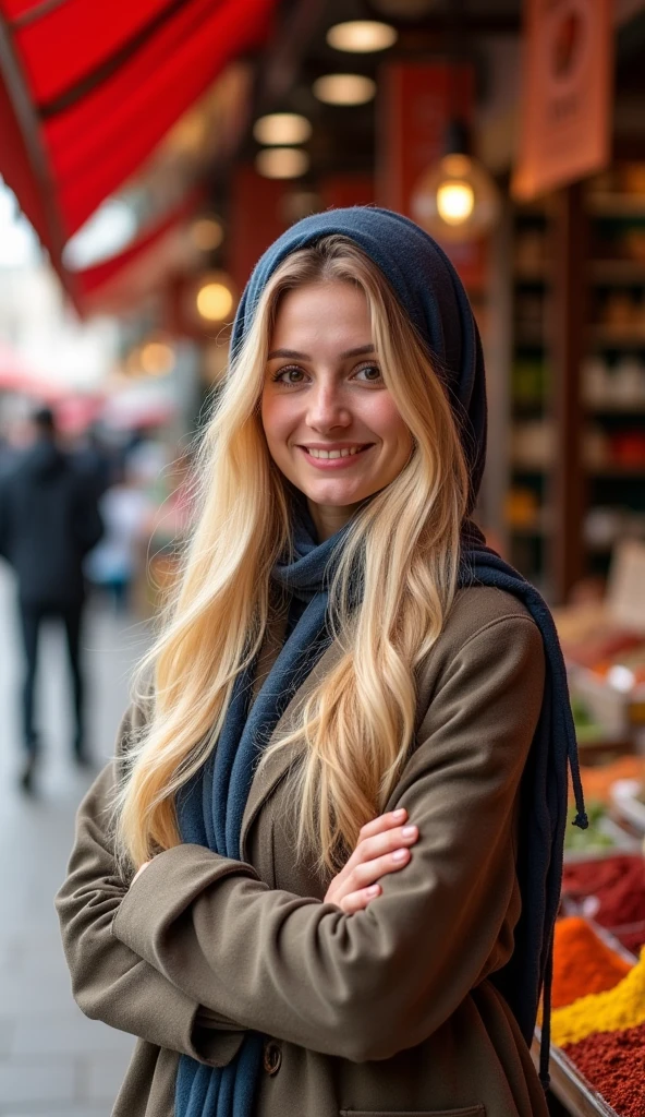 30-year-old girl - Iranian - blogger - headscarf - long blonde hair - slightly smiling in the market