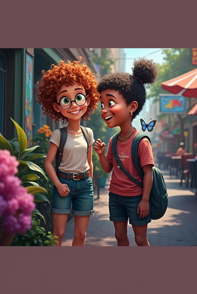Orange haired, green eyed girl with round glasses and short haired African American boy