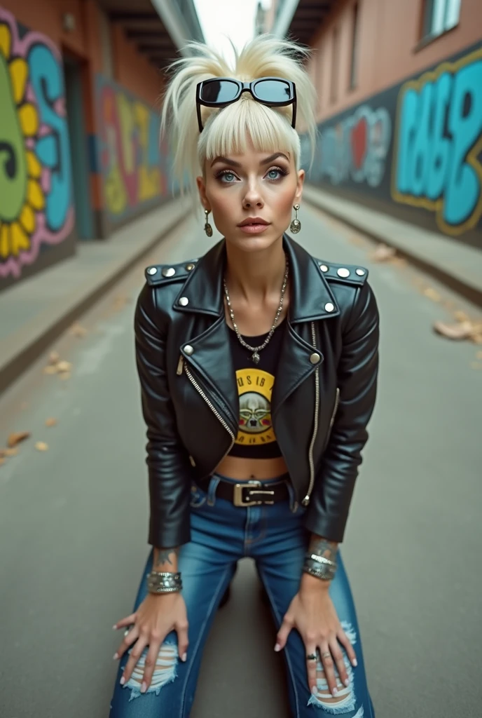 russian old milf woman, grey hair (pompadour, ponytail, shaved sides), wearing  big oversized square sunglasses as headband, with very light blue eyes, extremely pale. Wearing cropped black moto jacket (padded shoulders) with lots of zippers and badges on jacket flaps, cropped t-shirt with big guns and roses logo, dark blue jeans with holes and pointy Chelsea boots with cuban heels . Big silicone breasts. Lots of metallic bracelets, long pendants and lots of collars. Tacky leather belt with oversized chanel buckle. Long earrings. Kneeling, like in prayer, humbly looking at the camera, legs spread, tilted head, eyes and mouth wide open in amazement. Hands fixing her hair, toned abdominals, thin legs and thin arms. Tattoed chest, hands, belly and arms.