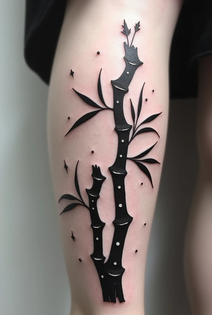 Create a black and white pointillism tattoo of a destroyed broken bamboo for the leg