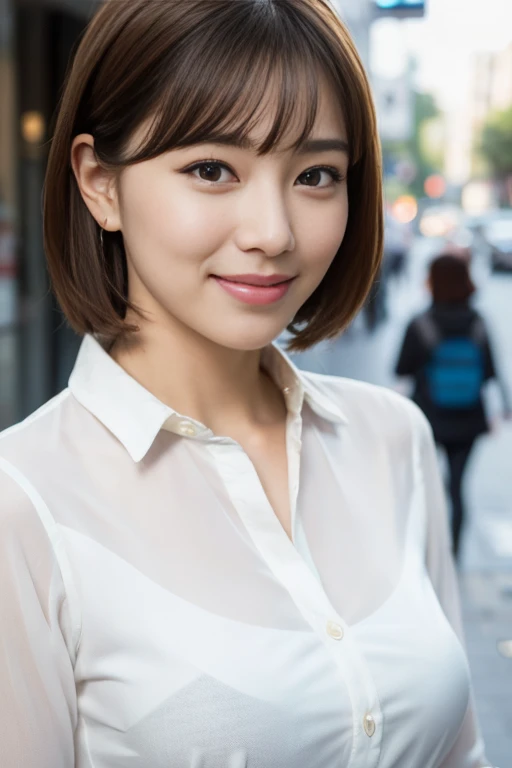 Highest quality, figure, Very detailed, In detail, High resolution, 8k wallpaper, Perfect dynamic composition, Beautiful attention to detail, White button-front blouse,Wolf Cut Hair, Natural color lip, Random and natural poses,smile,Aoyama Street Walk、40-year-old woman,The first button of the blouse is unbuttoned,Lips are thick and rosy,Let your bangs hang down,Eyes are long and narrow
