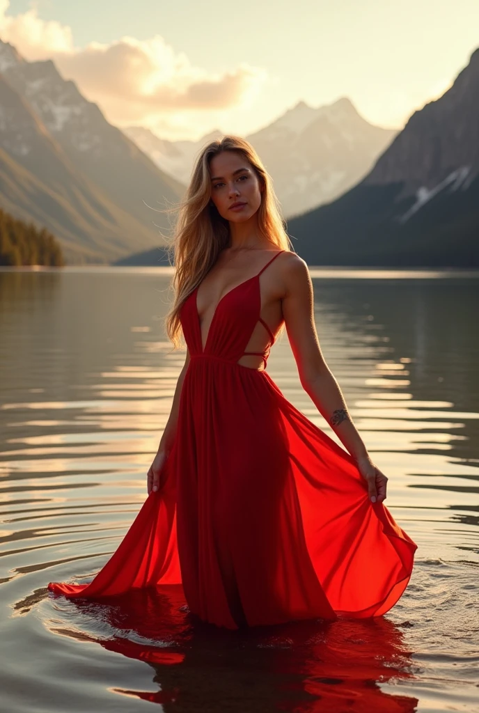 Light skinned lady in red dress standing in a shallow lake while looking towards the camera. There are mountains in the background 