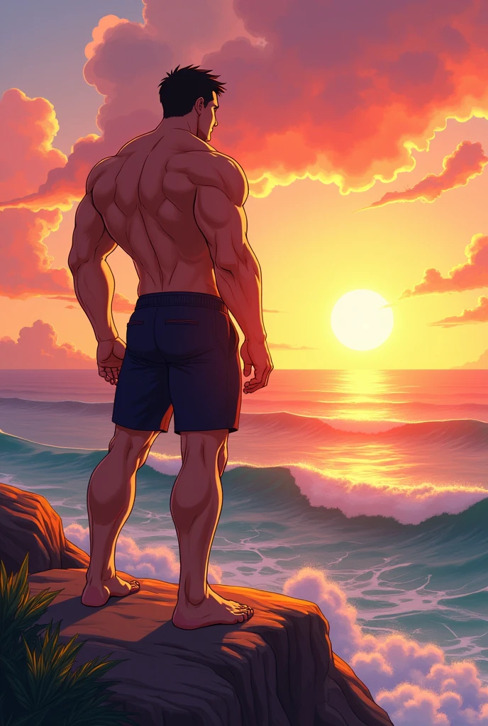 Generates a man with an athlete&#39;s body in shorts looking at the horizon at a sunset in drawing or anime style