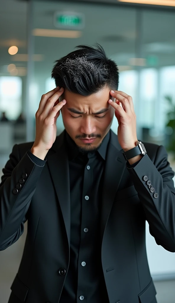 Create a handsome young Asian man，Wears black professional attire，Scratching the scalp with both hands，There is a lot of dandruff on the top of the head，White fine dandruff on the top of the head，The expression is unhappy，The characters are realistic and realistic，Office Background，9:16 frames，Ultra-high-definition picture quality