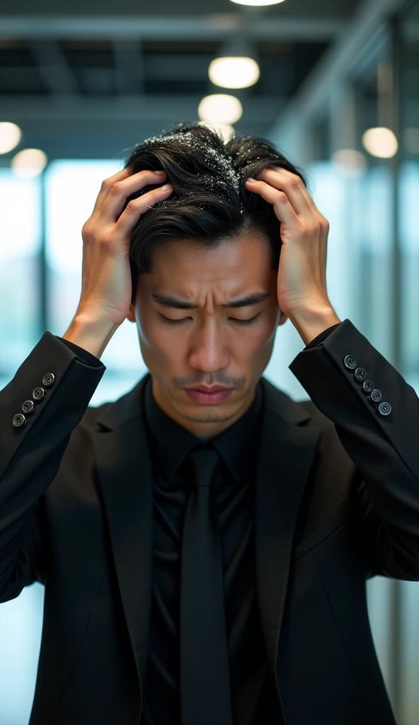 Create a handsome young Asian man,Wears black professional attire,Scratching the scalp with both hands,There is a lot of dandruff on the top of the head,White fine dandruff on the top of the head,The expression is unhappy,The characters are realistic and realistic,Office Background,9:16 frames,Ultra-high-definition picture quality