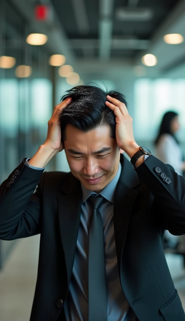 Create a handsome young Asian man，Wears black professional attire，Scratching the scalp with both hands，There is a lot of dandruff on the top of the head，White fine dandruff on the top of the head，The expression is unhappy，The characters are realistic and realistic，Office Background，9:16 frames，Ultra-high-definition picture quality