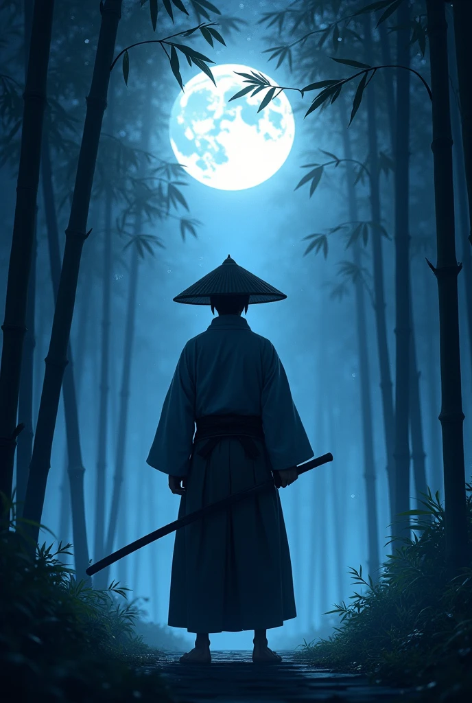 samurai, hold a Katana with both hands, Japanese conical hat, hakama, aesthetic, wide shot, cinematic lighting, ultra wide angle, moonlight, starry sky, bamboo forest, animation style,