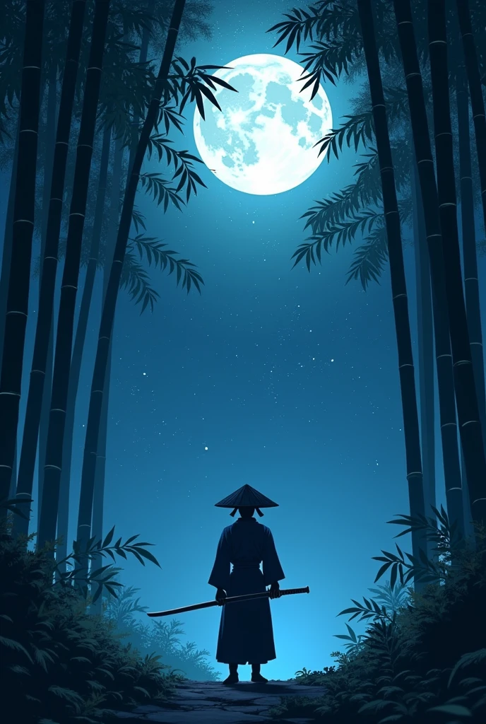 samurai, hold a Katana with both hands, Japanese conical hat, hakama, aesthetic, wide shot, cinematic lighting, ultra wide angle, moonlight, starry sky, bamboo forest, animation style,