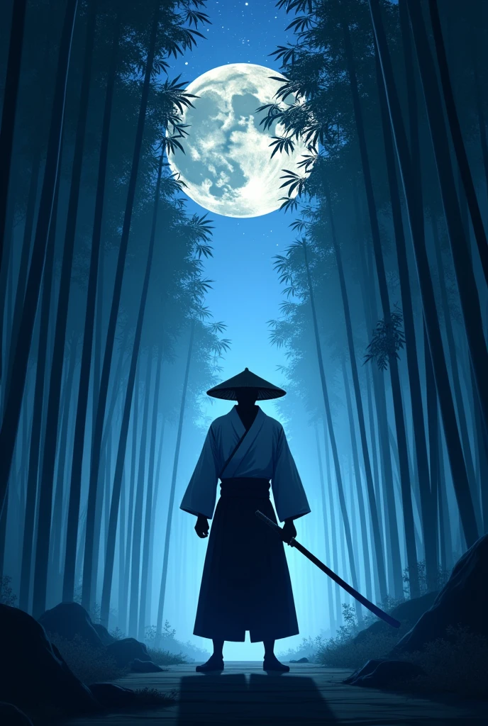 samurai, hold a Katana with both hands, Japanese conical hat, hakama, aesthetic, wide shot, cinematic lighting, ultra wide angle, moonlight, starry sky, bamboo forest, animation style,