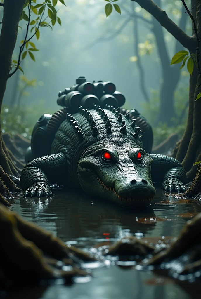 Big Scary Military Crocodile , in the swamp, armed,3d photo,