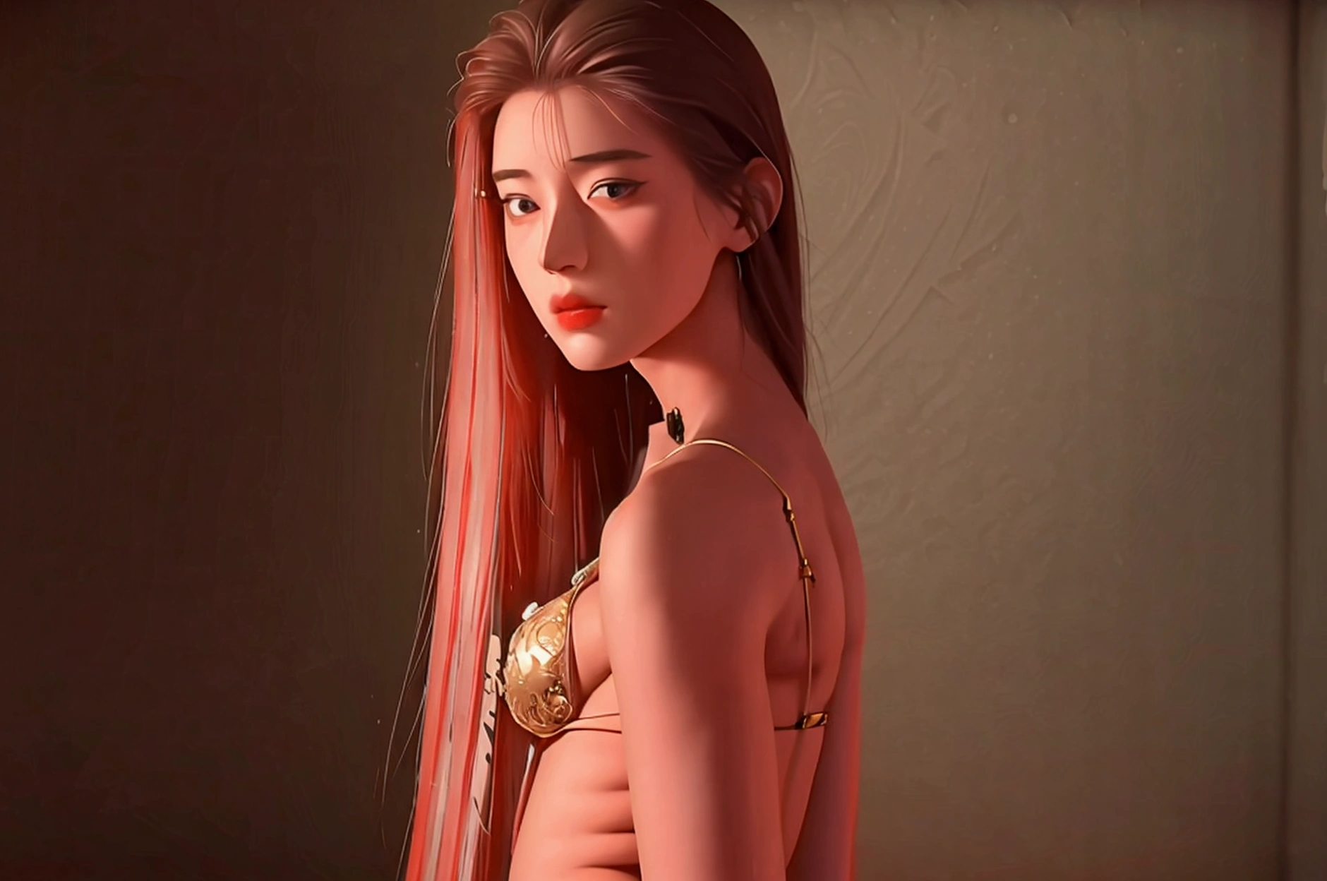 A tall, slender teenage woman showing her ass for onlyfans in a high-quality, realistic studio image.