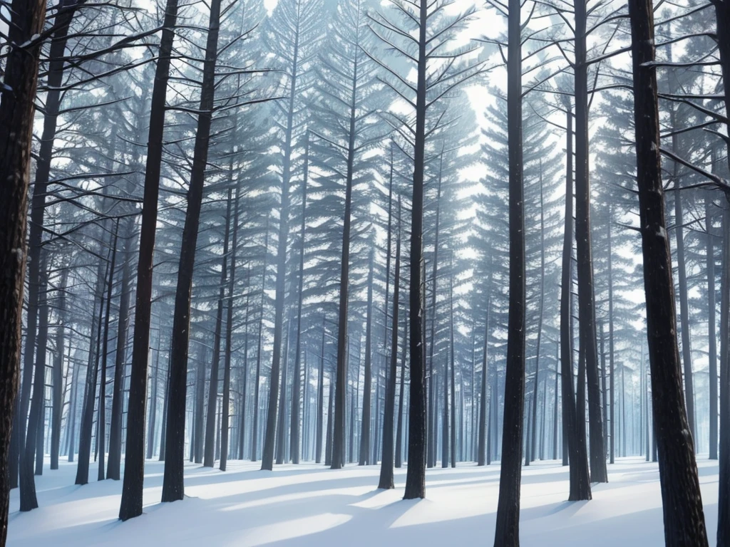 winter forest at dawn, trees in the snow, realistic, hyper-detailed, high quality,