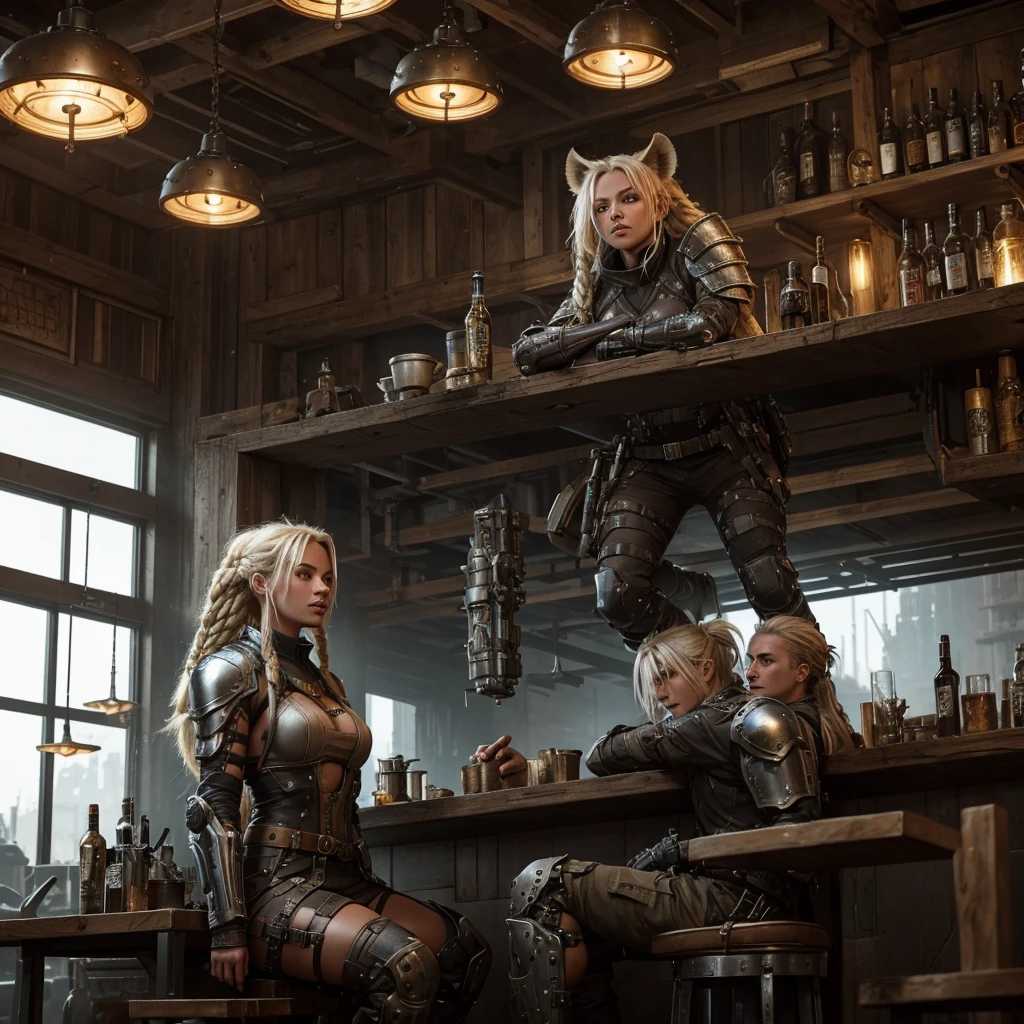 A futuristic, post-apocalyptic bar setting with a strong, confident female character seated at a wooden bar counter, accompanied by a large, loyal hyena companion. The woman has long, flowing platinum blonde hair with intricate braids, and wears rugged, tactical clothing with armor pieces. She has a calm, commanding presence, with one arm resting on her knee, showcasing a mechanical arm with glowing elements. The hyena beside her is equally formidable, adorned with a mechanical harness and gear, displaying a fierce yet loyal expression. The bar is filled with various futuristic gadgets, tools, and rustic decorations, with sunlight filtering through the windows, creating a dramatic atmosphere.
