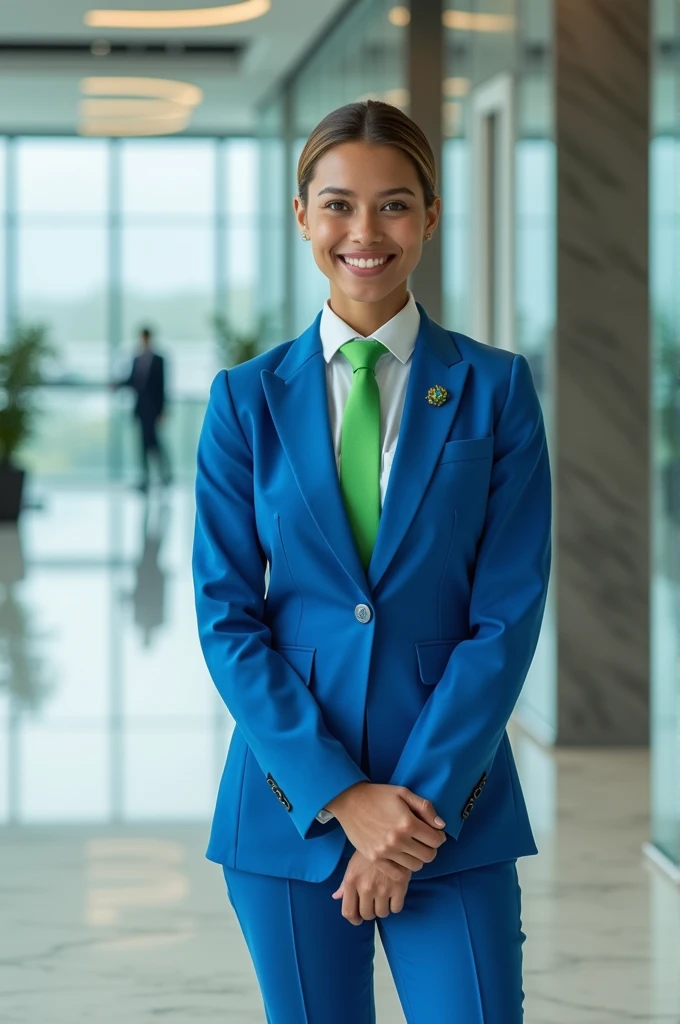 Blue and green bank uniform including pants, shirt and blazer
