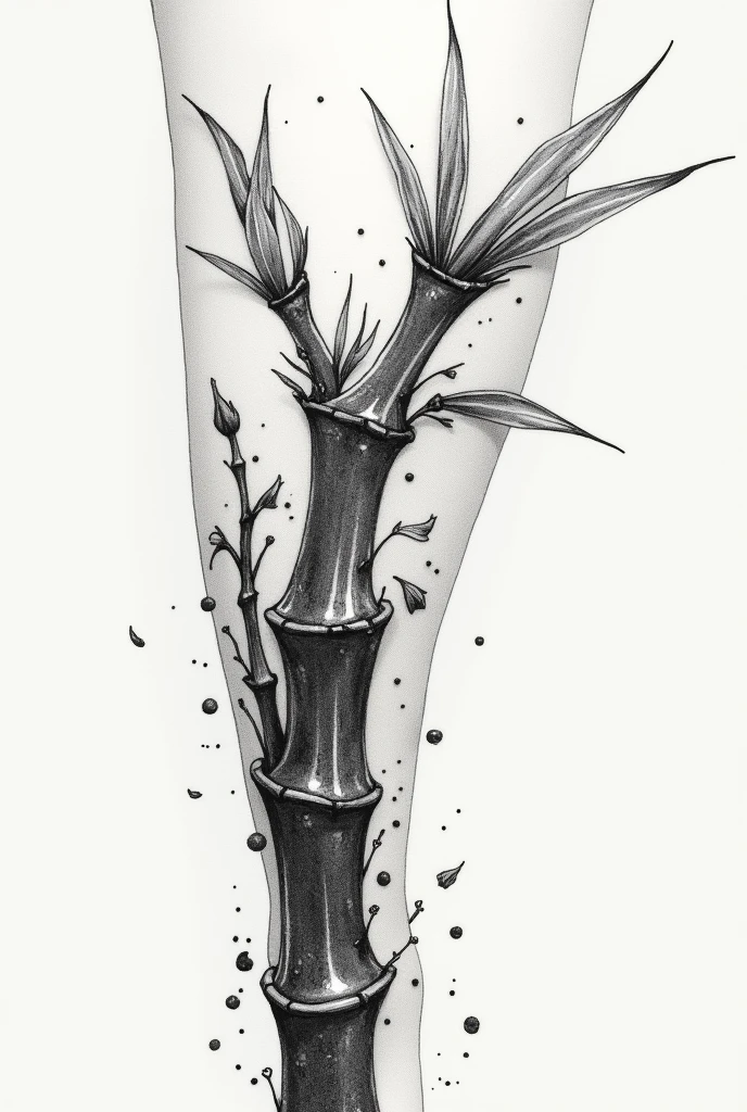 Create a black and white pointillism tattoo of a broken bamboo destroyed into pieces for the leg