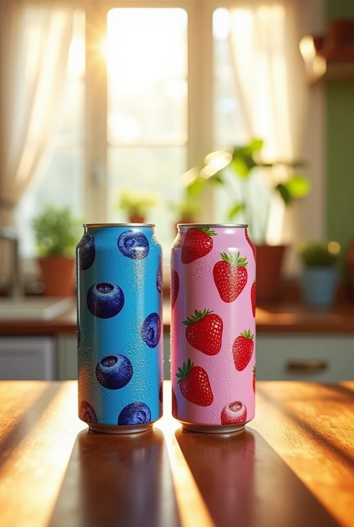 Two cans of soda, one blue and one pink, refrigerante blueberry