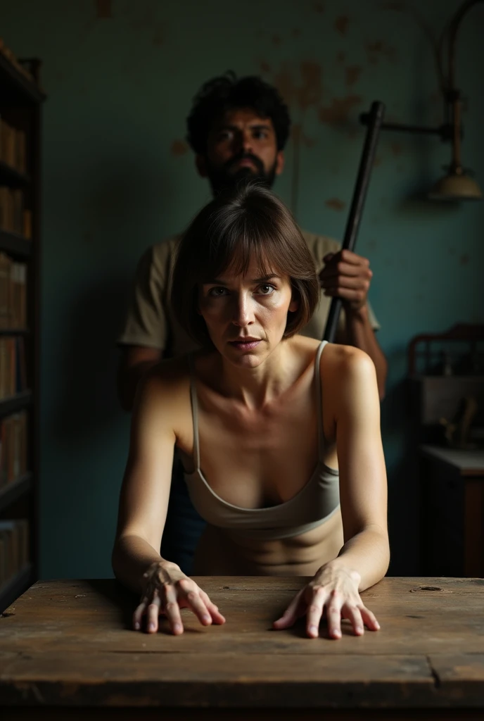 (:1.5), ((masterpiece)), ((highest quality)), A photorealistic image of a 45-year-old Turkish woman with short hair, straight, by rubio, standing in an old, low light study. She has a fair complexion with an oval face., defined cheekbones, and a look of fear in its almond shape, dark eyes. Woman leans over a worn wooden table, her hands gripped the edge tightly, while looking nervously directly into the camera. Behind her, a shadowy figure of a man looms, his features obscured by darkness. The man holds a stick in his hand, adding to the tense and ominous atmosphere. The room is filled with old equipment and faded fixtures., enhancing the feeling of unease and suspense. Naked woman and full body. 