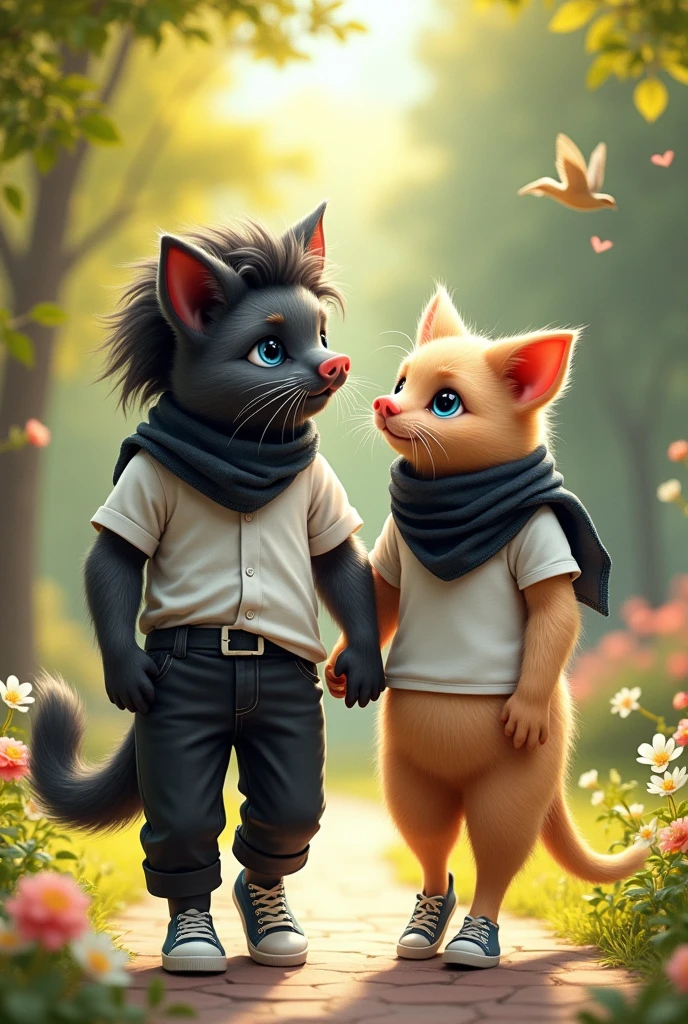 couple of cats that have pig nose and pig hands, they should look at each other and show love in their looks. both should have light blue eyes, the cat should have hair like an actor and should wear black pants with a white shirt. the cat should wear a black foulard with a white polo shirt and cloth sneakers, her hair should be beautiful and long black. both should walk together hand in hand through a beautiful park full of life and trees with birds singing.