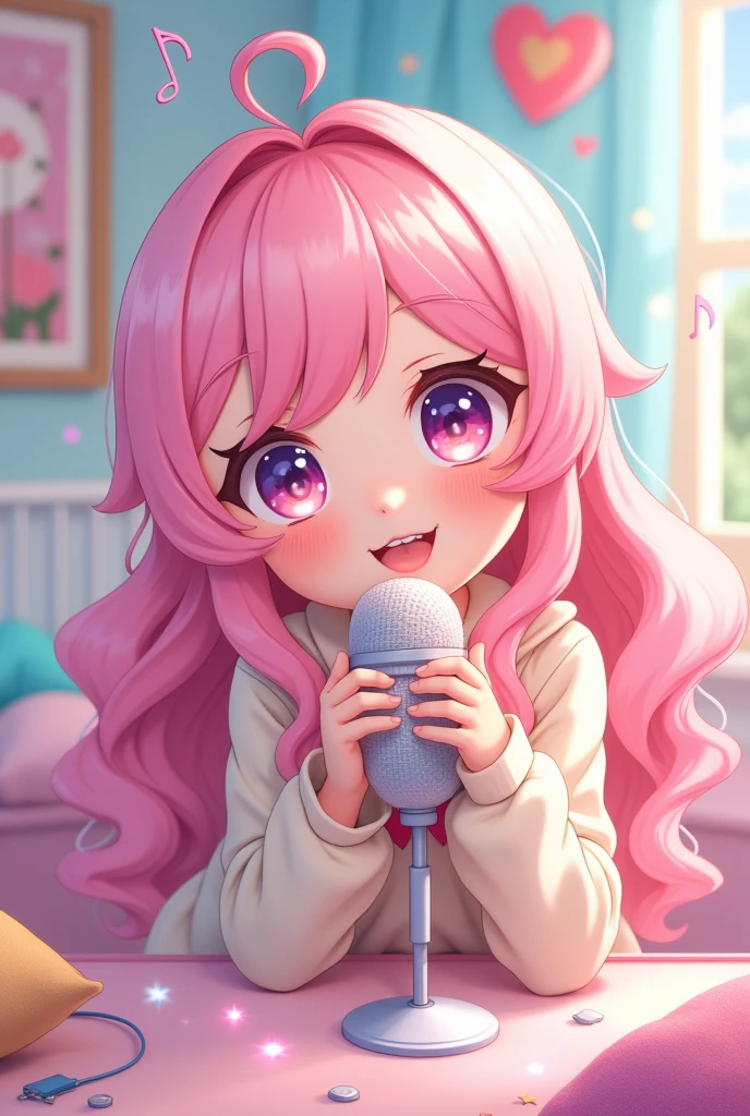 Create a 2d image of a cute anime girl smiling with pastel pink hair doing ASMR as if she was blowing into a microphone 