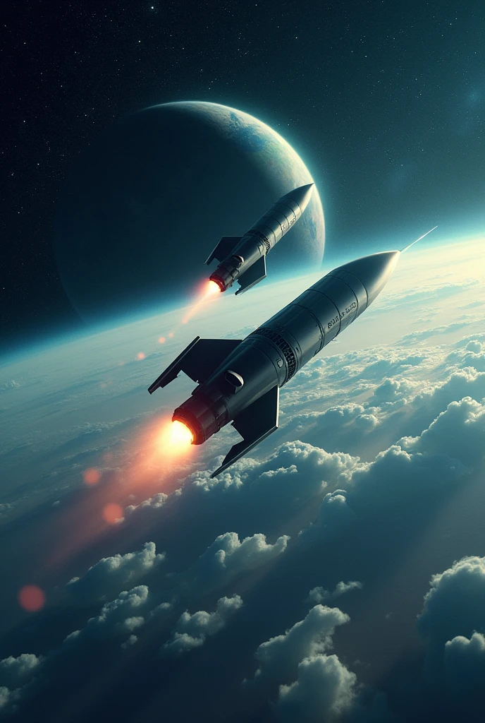 2 space rocket with earth in the background. further , I said far away