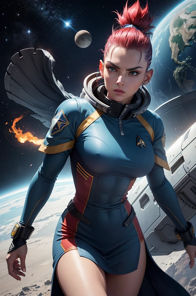 To create an elegant and exclusive uniform for a space explorer team similar to the uniforms from the franchise "star"trek", more of a high goal, with a different emblem in the shape of a bird and a four-pointed star inside a circle, using golden colors, Silver and blue with various modern digital electronic equipment embedded in the handlebars and gloves with keyboards, used by a proud, Bela, very muscular, strong and serious woman with a soft bluish face, all white eyes with large, well-arched eyebrows, mature bald alien with a short, red punk-style mohawk, running audaciously through a mysterious and wild planet, well armed and with a spaceship in the background