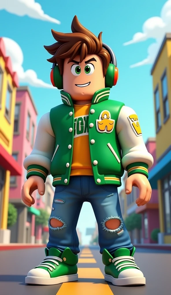 create a roblox character with green eyes, a green and white varsity jacket
