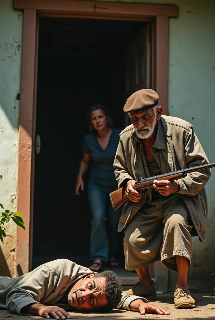 The image shows the facade of a modest house, with a partially open door. In front of the door, a man over 79 years old, with an expression of despair and pain, He holds a firearm in his hand. the man, with a brown beret on his aged and life-marked looking head, wear simple clothes. A 29-year-old man lies on the ground, near the entrance, in a state of decline, with an expression of surprise and suffering. 

In the background, You can see the blurred figure of a woman, the young man&#39;s mother, who tries to run towards him. The scene is captured in a dramatic style, with an intense use of light and shadows that accentuate the moment of tension. Lighting comes from midday sunlight