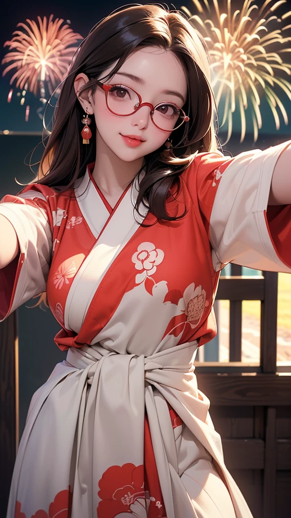 One Girl(High resolution, masterpiece, accurate, Anatomically correct), ((Landscape、Wearing glasses、A happy look、Slightly red cheeks))(((A pose with the waist bent forward:1.30、looking at the camera、Selfie)))、(Light Hair、Brown eyes、Straight hair)、((Colorful Japanese Kimono))((festival、firework))、Highest quality, Ultra high definition, High-resolution model