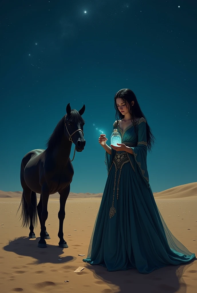 Draw a picture of a girl of 30 years old in brave's costume, having straight black hair standing in desert holding a jar made of glass The girl is holding a small chit and reading it.
On desert there are lots of chits everywhere without led lights.
A black horse is standing behind the girl on left side.
The whole picture is in dark mode.