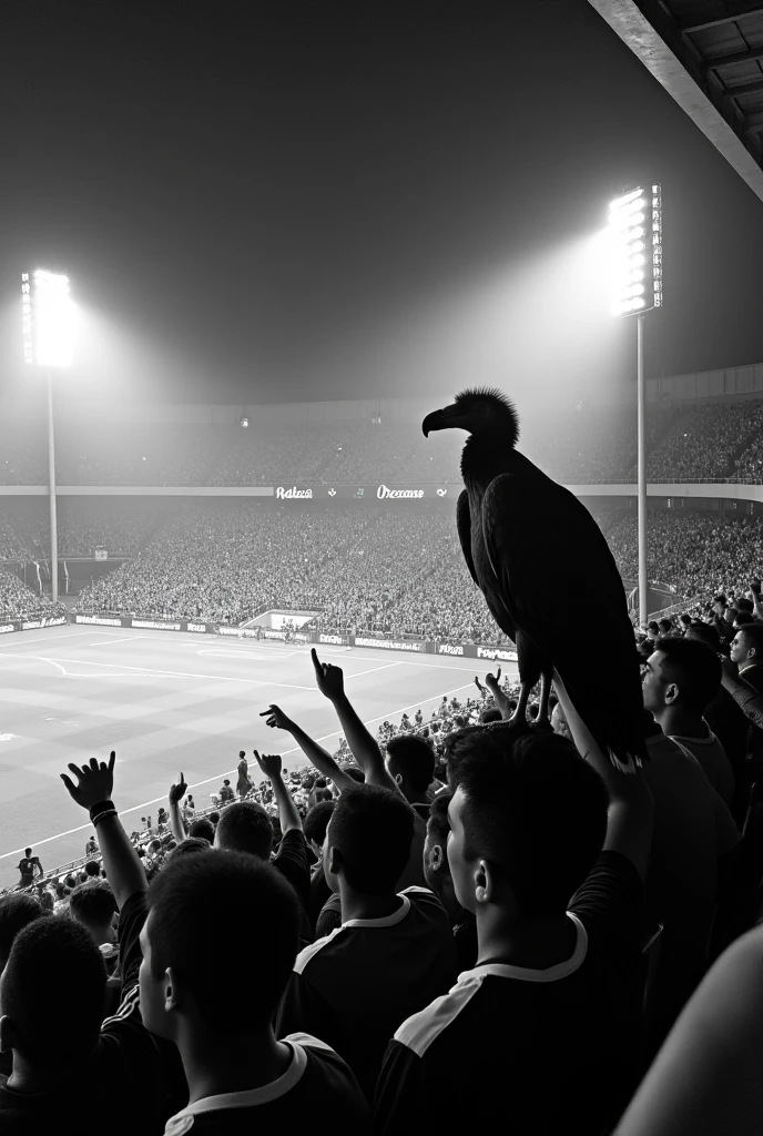 Black and white fans of the Ceará Sporting Club team at the stadium with a vulture