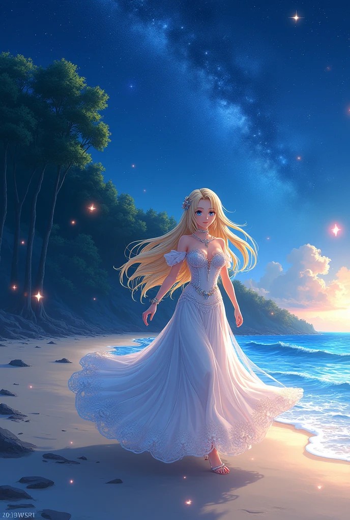 (masterpiece、Highest quality、8k、High resolution)、(Anime Girl)、Best Style、(The most beautiful face)、Clear skin、Clean blue eyes、Beautiful lips、Beautiful nose、Blonde Hair、Walking on the sand、Ocean、You can see the forest、A bright night with stars visible、Mysterious light particles emitting from the body、Very mysterious light、jewelry、necklace、dress、(whole body)、Highly detailed anime art、A complete portrayal、