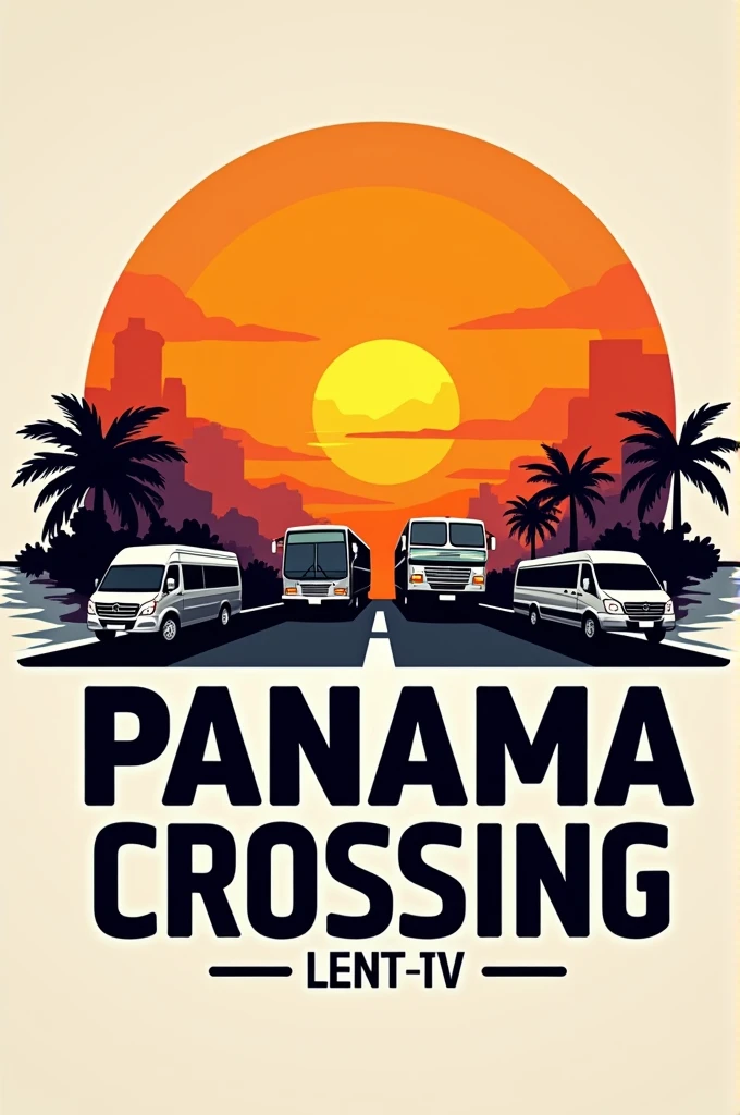 A logo of a land tourist transportation company with orange colors, black and white, with the name Panama crossing and a sunset behind the tourist land transports