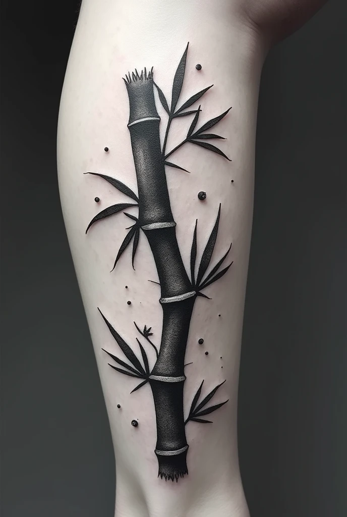 Create a black and white pointillism tattoo of a broken bamboo destroyed into pieces for the leg