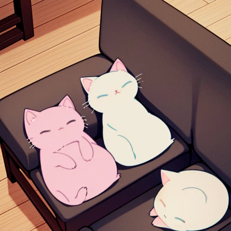 cats sleeping on a cozy chair with pastel colors