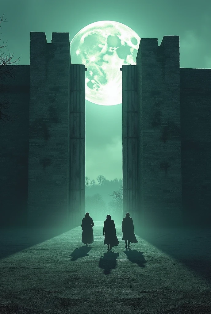 A large, imposing prison with a long history, bathed in the pale light of a full moon. The entrance gates are massive and rusty, with ghostly figures of former inmates visible in the yard and shadows."