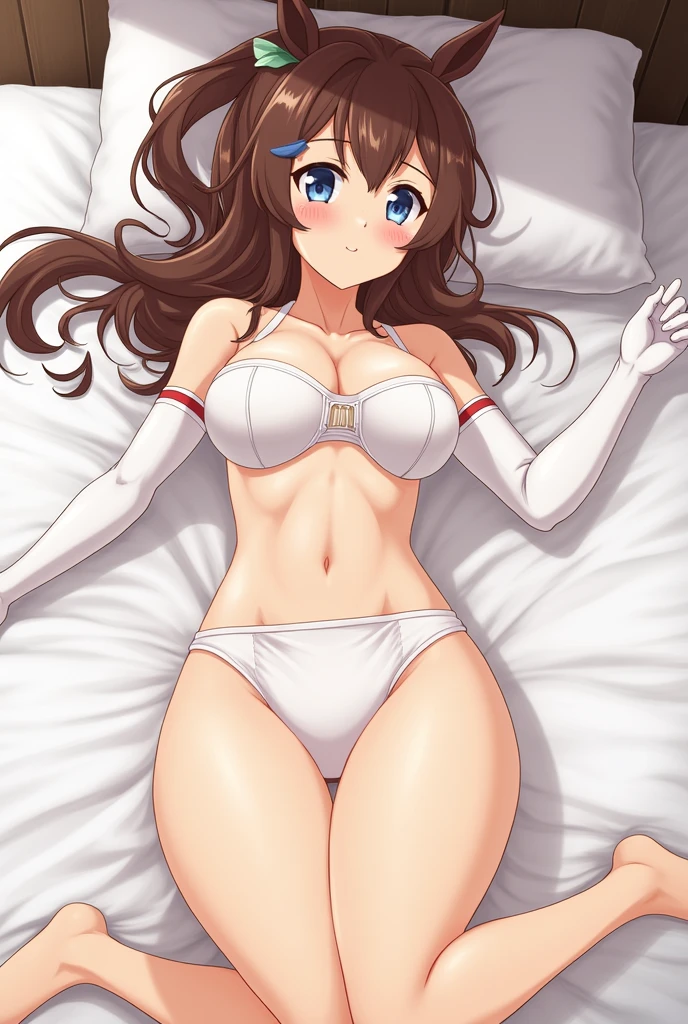 Top Quality, Super Detail Anime Super Detail, Masterpiece, Anatomically Correct, Thin Hands, (Uma Musume: 1.6), Horse Ears, Horse Tail, Flushed, Sexual Arousal, (Rutting: 1.5), Big, Thighs, (Sweating: 1.4), Stuffiness, Ahegao, Trogao, Long Gloves to the Elbows, White Gloves, Realistic Moist Skin, (Drenched Body: 1.6), Eye of Detail, Erotic, Bedroom, Illuminated, See-through (breastfeeding: 1.3), (White underwear only: 1.6), Crotch stripes, Visible through lingerie, Climax, Masturbation, Leg visible, Seduction, (Sole focus: 1.6), (M-shaped leg spread: 1.8), Condescending, Knee-high, Full body, (Lying on back: 1.3), View from the ceiling